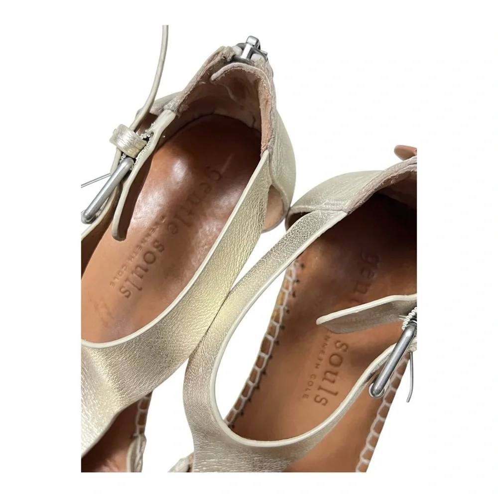Gentle Souls Elyssa T-Strap Gold Metallic Leather Espadrille Wedge Sandal 8.5